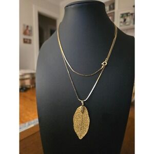 Gold Dipped Filagree Real Leaf Necklace Vintage Signed G Silver